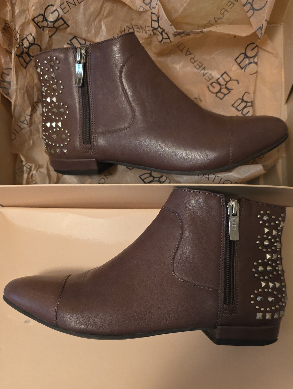BCBGeneration Brown Studded Side-Zip Ankle Booties